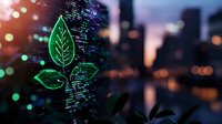 Green glowing leaf icon with programming code on blurred city background at dusk, representing sustainable technology and eco-friendly software development.