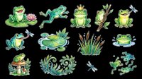 Cute cartoon frog clipart set isolated on transparent background, ready for stickers, t-shirt design, print on demand, and sublimation projects.