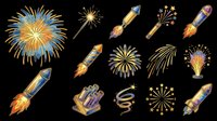 Festive fireworks clipart set with rockets, sparklers, and bursts in gold and blue, isolated on transparent background. Great for celebrations, t-shirt design, stickers, print on demand.