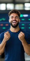 Young Mediterranean man with beard expressing joy and success against stock market display background, celebrating achievement with clenched fists and genuine smile.