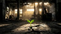 Small green plant seedling growing through concrete floor in abandoned industrial building with dramatic sunlight streaming through broken windows.