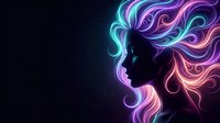 Woman silhouette with flowing neon hair in purple pink blue gradient colors on dark background for creative design projects and digital art.