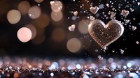 Magical glowing heart shapes floating with sparkles and bokeh lights on dark background, romantic atmosphere for Valentine's Day designs and love themes.