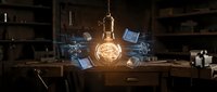 Glowing light bulb suspended above workspace with digital circuit patterns and floating tech icons, representing innovation and creative thinking for business solutions.