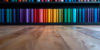 Colorful art supplies arranged in rainbow order on wooden surface with selective focus on textured wood grain foreground, creating artistic composition.