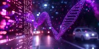 Futuristic DNA helix structure glowing in purple and blue neon lights against digital matrix background with bokeh effects, representing genetic science and biotechnology.