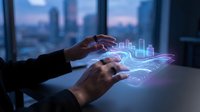Businessman hands interacting with holographic smart city technology projection on desk with urban skyline background at dusk for digital innovation concepts.
