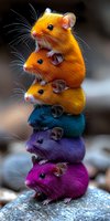 Colorful stack of mice in vibrant orange, blue, purple and pink hues standing on top of each other on a rock, creating a whimsical rainbow tower formation.