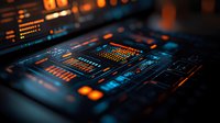 Futuristic computer processor with glowing orange and blue elements on dark background, macro shot showing technological circuit board details and digital components.