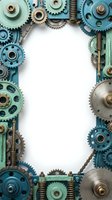 Vintage mechanical gears and cogs frame with white center space for text. Industrial steampunk machinery parts border for engineering designs.