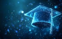 Glowing digital graduation cap made of connected particles and lines on dark blue background with bokeh lights, representing online learning, education technology, and academic achievement.