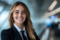 Young Caucasian businesswoman in black suit and tie smiling confidently in modern office environment with blurred background. Professional corporate portrait.