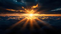 Dramatic golden sunburst breaks through dark storm clouds with vibrant sun rays piercing dense cloudscape at sunset, aerial view above clouds creating spiritual atmosphere.