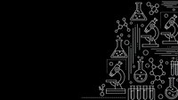 Science laboratory equipment and molecular structures outline icons on black background for educational materials and research presentations.