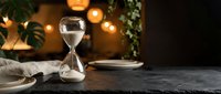 Elegant hourglass timer on rustic wooden table with warm ambient lighting and greenery creating cozy atmosphere for time management and mindfulness practices.