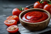 Fresh tomato sauce in wooden bowl with raw tomatoes on dark background, homemade ketchup with natural ingredients for cooking and seasoning.