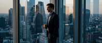 Confident businessman in suit standing by office window overlooking city skyline at sunset, corporate success and urban professional lifestyle concept.
