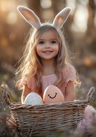 Smiling young girl with bunny ears holding Easter basket with decorated eggs in pink dress against blurred natural background during golden hour sunset.