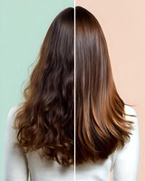 Before and after hair transformation showing frizzy curls versus smooth, straight brunette hair with caramel highlights against contrasting pastel backgrounds.