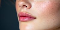 Close up of plump pink lips and smooth fair skin on dark background showing natural beauty and skincare results. Professional cosmetic and beauty photography.