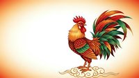 Colorful rooster with vibrant plumage standing on decorative swirls against warm gradient background for Chinese New Year celebrations and zodiac designs.