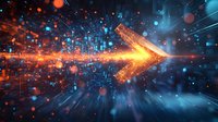 Glowing digital arrow made of connected particles and light trails moves through abstract cyberspace with orange and blue bokeh effects in motion.