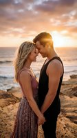 Young couple sharing intimate moment on beach at golden hour sunset with dramatic sky and ocean waves in background for romantic lifestyle content.