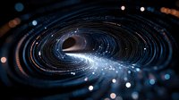 Digital spiral vortex with glowing particles and light trails creating futuristic tunnel effect for technology and science fiction concepts.