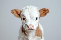 Adorable white and brown baby calf with big eyes looking at camera, isolated on light gray background, perfect for farm and nature themes.