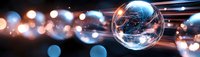Transparent glass sphere with glowing blue digital network pattern against dark background with bokeh lights and motion blur effects.