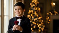 Young boy in formal tuxedo holding red rose with warm bokeh lights background creating festive holiday atmosphere for special occasions and celebrations.