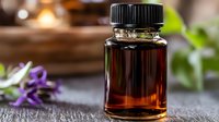 Amber glass essential oil bottle with black cap on wooden surface surrounded by purple flowers and green plants in spa wellness setting for aromatherapy relaxation.