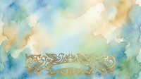 Watercolor wash background with ornate gold decorative border element, soft blended blue, green and yellow tones, artistic texture for design projects and creative layouts.
