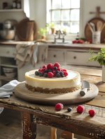 Classic cheesecake topped with fresh raspberries and blueberries on wooden board, rustic kitchen counter with natural window light and cozy home atmosphere.