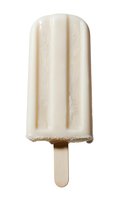 Creamy vanilla ice cream popsicle on wooden stick isolated on white background, with frosty texture and classic ridged design. Ready for food marketing.
