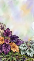 Watercolor floral border with purple, orange, and white blooms on soft pastel background. Botanical illustration with fern details, isolated design ready for invitations, cards, and print projects.