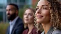 Diverse business team looking up with optimistic expressions, mixed ethnicity professionals in office setting showing confidence and aspiration.