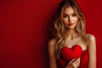 Young Caucasian woman with wavy blonde hair holding red heart against burgundy background, wearing red lace dress. Romantic Valentine's Day concept.