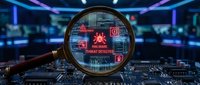 Magnifying glass reveals malware threat detection on computer circuit board with cybersecurity warning alerts and digital security interface elements.