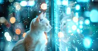 White cat looking at glowing blue digital interface with bokeh lights and technological elements in futuristic cyberpunk style setting.