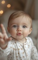 Adorable Caucasian baby with bright blue eyes wearing white patterned onesie reaches toward camera with curious expression against soft bokeh background.