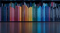 Colorful book spines arranged in rainbow order on wooden shelf with reflection, creating gradient from pink through yellow to blue tones in library setting.
