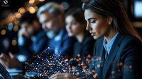 Young businesswoman in dark suit at meeting with digital network visualization effect, blurred colleagues in background using mobile devices.