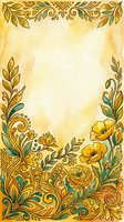 Ornate floral frame with golden leaves, swirling botanical elements, and yellow flowers on aged cream background. Isolated design ready for invitations, certificates, and decorative projects.