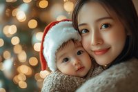 Young Asian mother and baby in Santa hat share tender moment against blurred Christmas lights background creating warm holiday atmosphere.