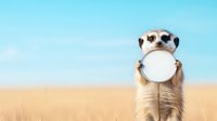 Curious meerkat holding blank white circle sign in desert landscape against blue sky, mockup for text or logo placement. Wildlife marketing concept.
