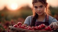 Young woman in denim overalls harvesting fresh red apples in orchard at sunset, warm golden light illuminates agricultural scene with natural bokeh effect.
