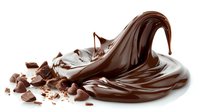 Liquid chocolate splash with melted dark chocolate drops and pieces on white background, isolated food photography for confectionery advertising.