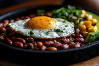 Savory breakfast skillet with sunny side up egg, seasoned beans, corn, and fresh herbs served on cast iron pan, close up view with selective focus.