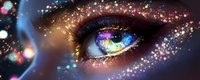 Magical multicolored eye with glowing sparkles and cosmic elements, featuring long eyelashes and ethereal rainbow iris against dark background with bokeh effects.